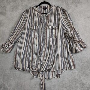 Cocomo Woman Top 2X Neutral Stripe half Button Tie Front Roll Tab Sleeve Capsule